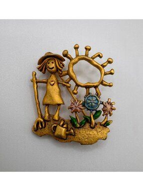 JJ Girl Sun Garden Brooch Gold Tone Enamel Jonette Jewelry Figural Pin Cute